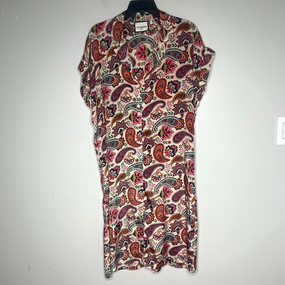 Gold & Silver Paris Paisley Print Shirt Dress Collared Short Sleeve Sz T2 (6/8)‎